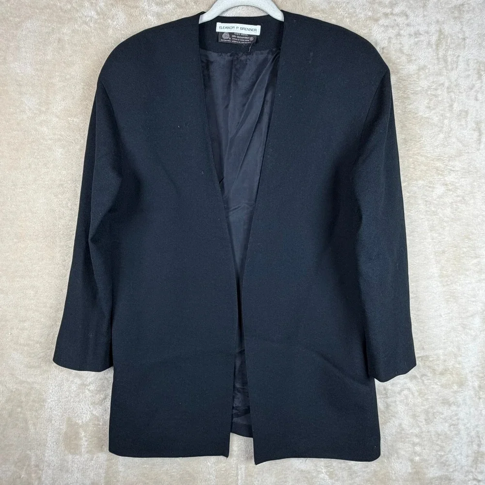 Eleanor P Brenner Vintage Black Wool Open Front‎ Blazer Jacket Women Size 6